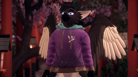 Frontside view of a black and white anthropomorphic magpie griffon wearing a Furality Somna inspired hoodie while standing under multiple red Torii gates and a blossom tree within a night time version of Japan Shrine [spring] VRChat world.